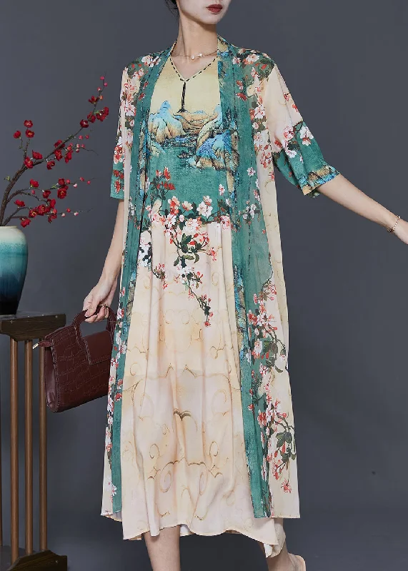 casual evening dressHandmade Apricot Print Chiffon Fake Two Piece Dresses Spring