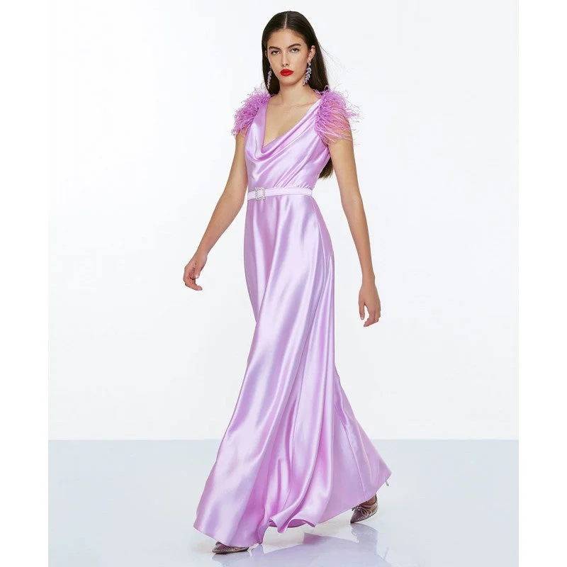 New Markdowns Access Maxi Satin Dress With Feathers