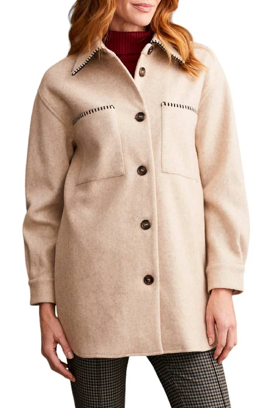 Overstock Button-Up Coat With Blanket Stitching In Tan