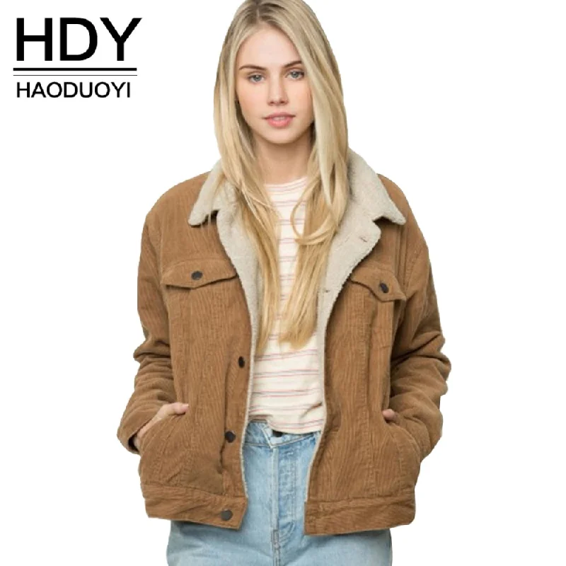 padded puffer coatHDY Haoduoyi Winter Casual  Brown Corduroy Long Sleeve Turn-down Collar Jacket Single Breasted Basic Women Warm Coat