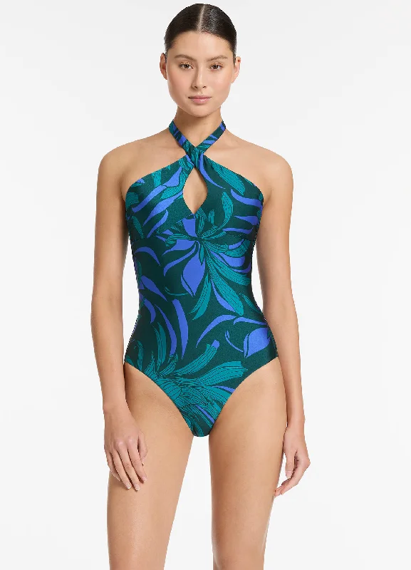 Act Fast Queen Of The Night Cross Over Halter One Piece - Azul