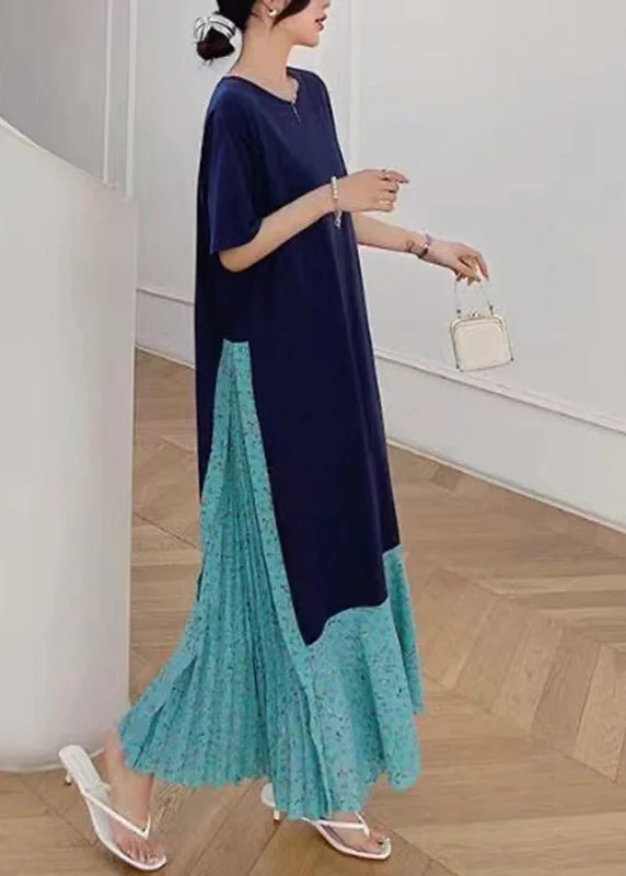 Online Only Fashion Navy Print Patchwork Fake Two Pieces Maxi Dresses Short Sleeve