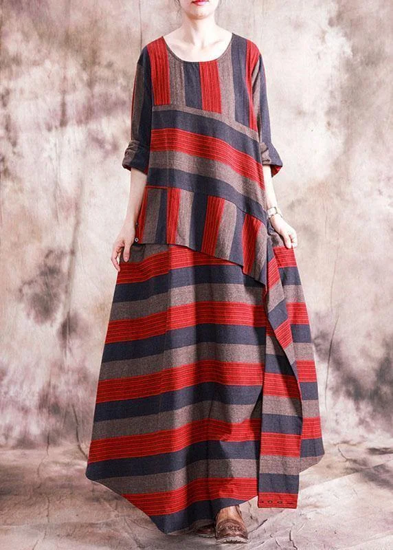 elegant dressArt asymmetric linen dresses Catwalk red striped patchwork Dress fall