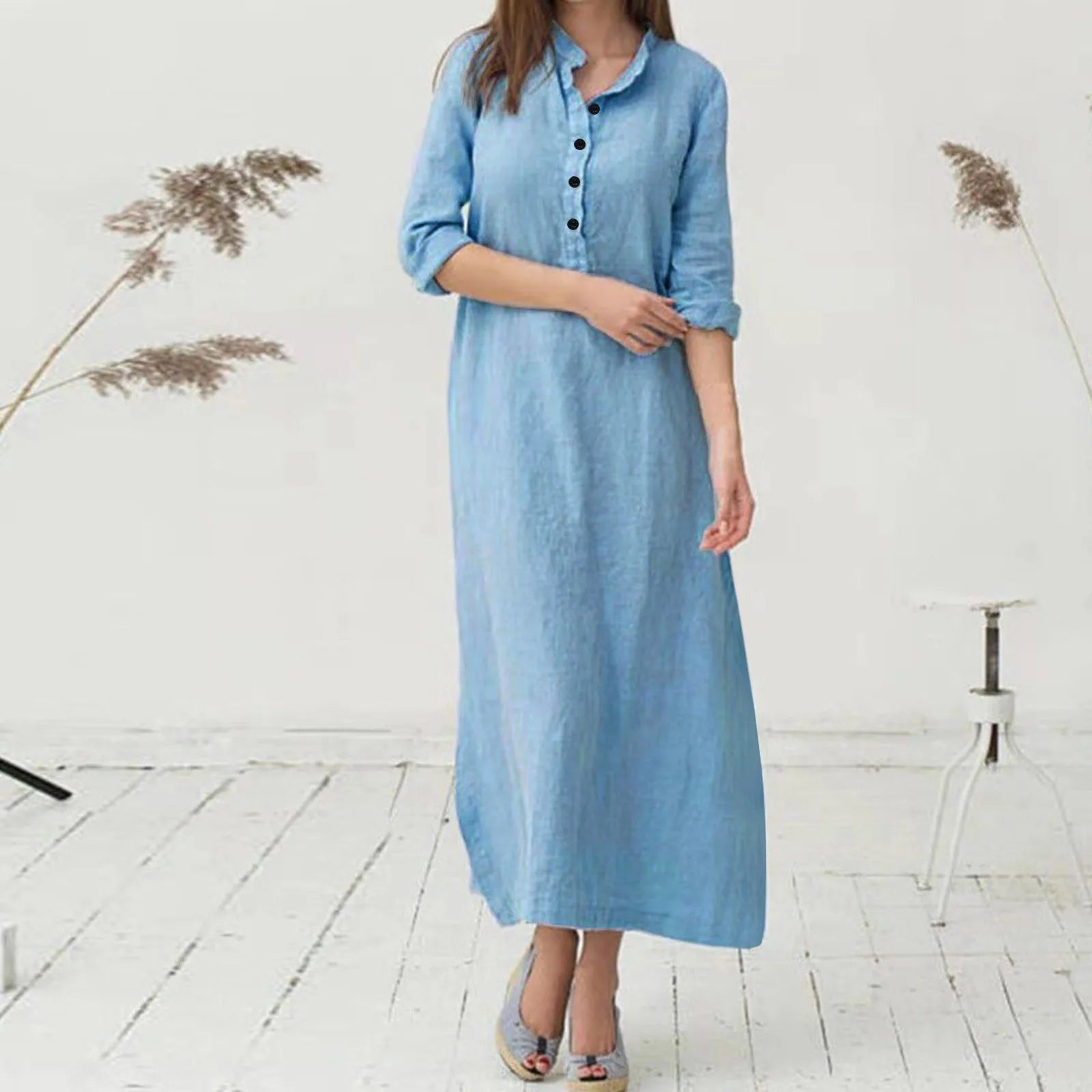 v-neck dressJuliaFashion - Women'S Kaftan Cotton Long Sleeve Plain Casual Oversized Maxi Long Shirt Basic Elegant Midi Robe Femme Party Dress