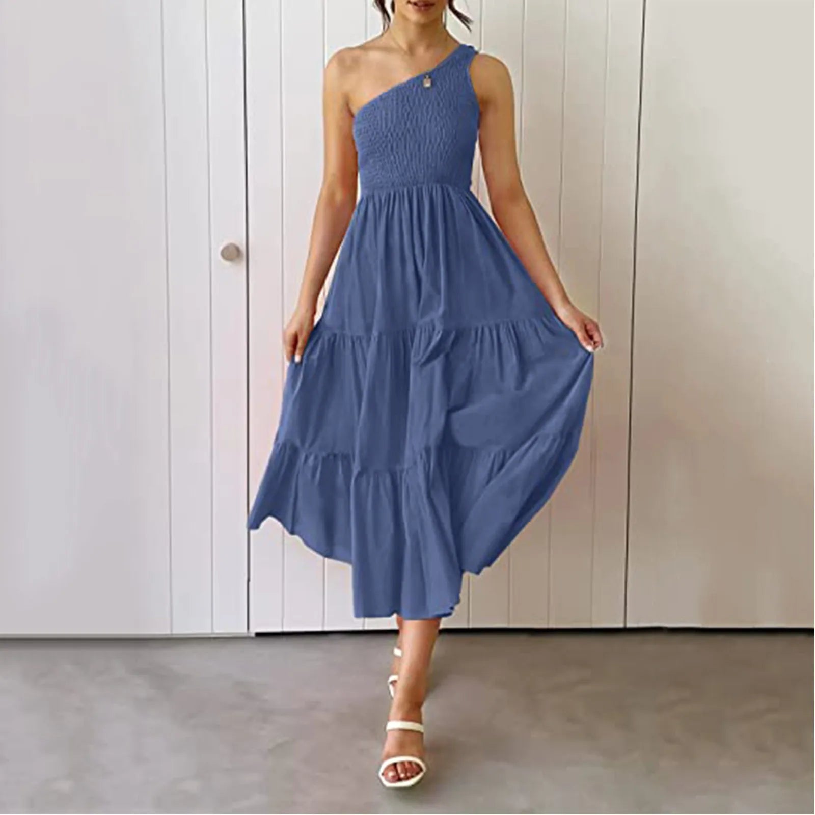 t-shirt dressJuliaFashion - Summer Sexy One Shoulder Casual Sleeveless Solid Boho Ruffle Beach Ladies Fashion Loose Tiered Midi Dress