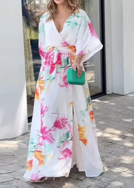 Discount Extravaganza European And American White Bat Sleeve Lace Up Printed Dress