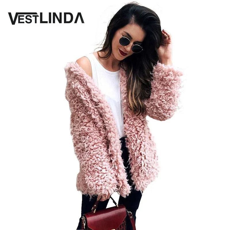 Daily Deals VESTLINDA Winter Grey Wool Overcoat Warm Outerwear Women Pink Faux Fur Coat Turn Down Collar Long Sleeve Cardigan Female Outwear