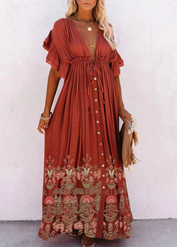 elegant evening dressRed-flower V Neck Button Maxi Dresses Short Sleeve