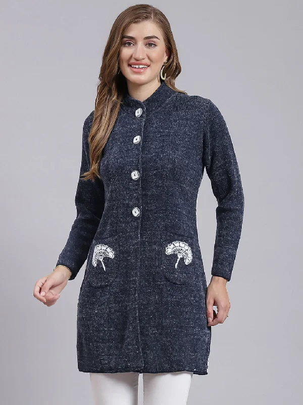 fitted coatWomen Navy Blue Jaquard Wool blend Knitted Coat