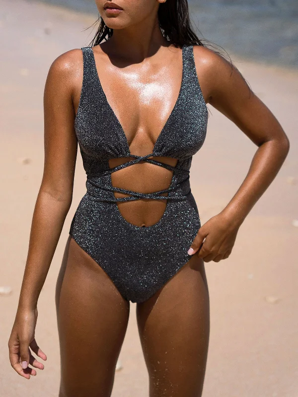 Discount Days Black Lurex Cutout-Front One-Piece Swimsuit