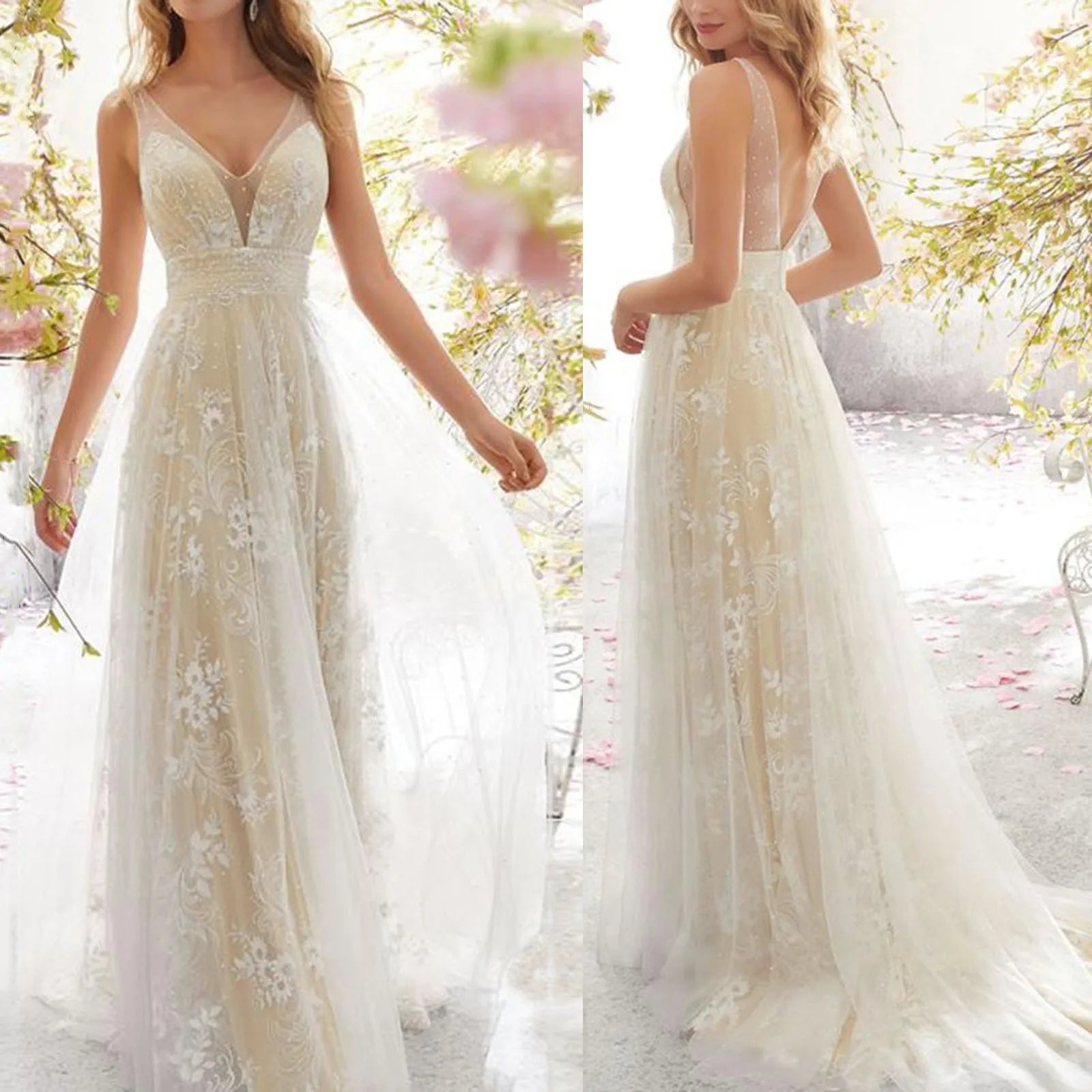 Quick Sale JuliaFashion - Evening Wedding Bridal Embroidery Gown V-Neck Sleeveless Mesh Lace Simple Backless Long Elegant Party Dress