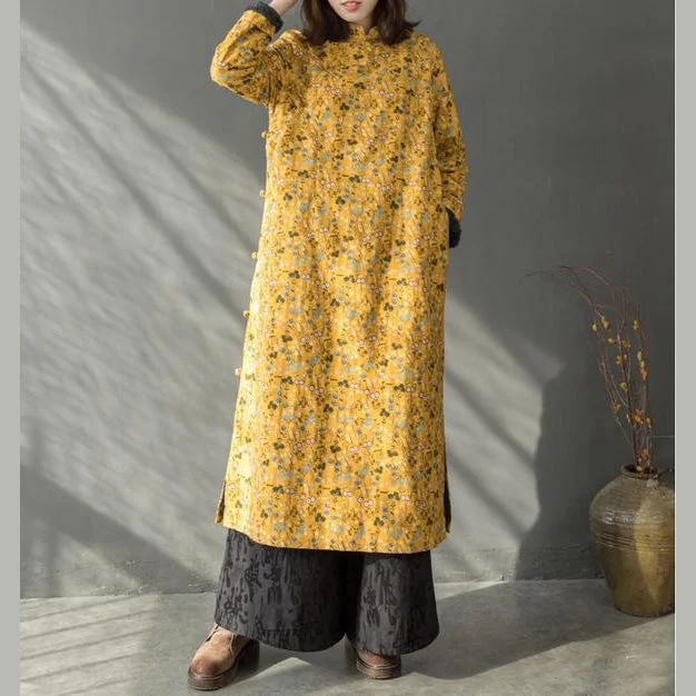 casual midi dress2024 New yellow floral spring dresses Chinese element Women Thicken Long Dresses