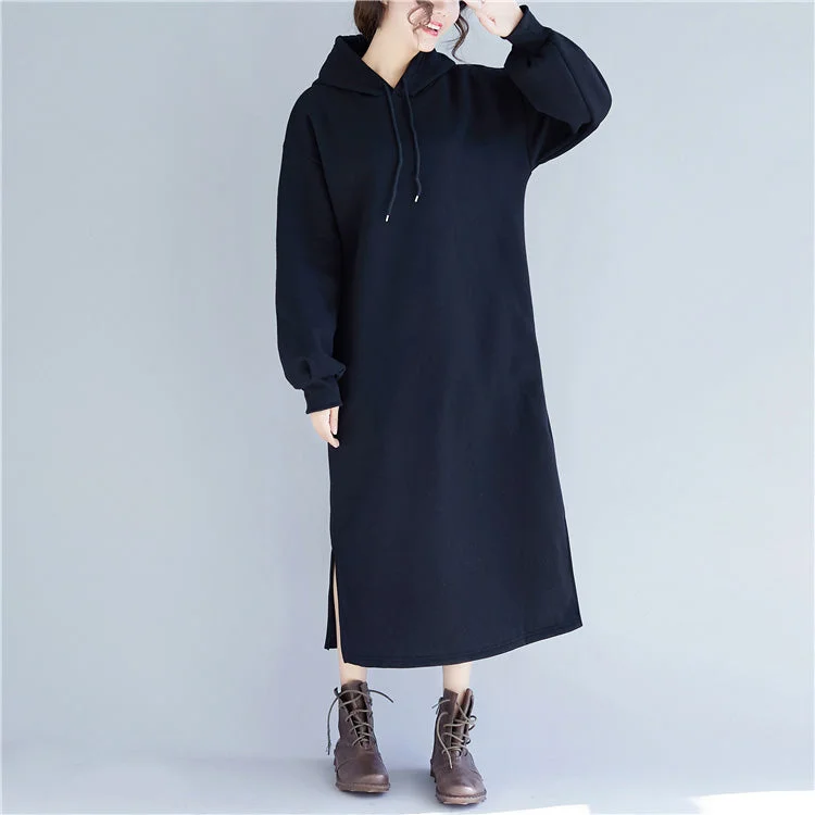 pleated dressNew black spring dress plus size gown hooded side open drawstring cotton clothing dress