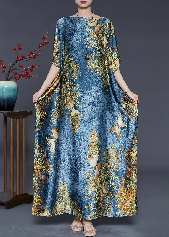 Buy Now Sea Blue Print Silk Beach Dresses Side Open Batwing Sleeve