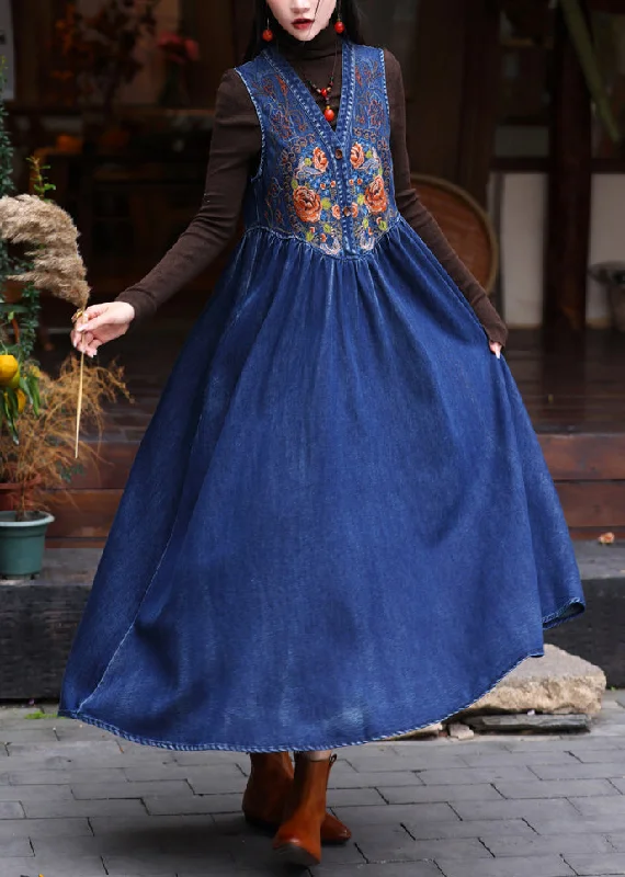 party-ready dressDIY Denim Blue V Neck Embroidered Patchwork Maxi Denim Vest Dress Sleeveless