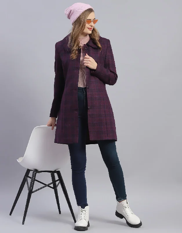 Early Bird Discount Women Purple Check Collar Full Sleeve Coat