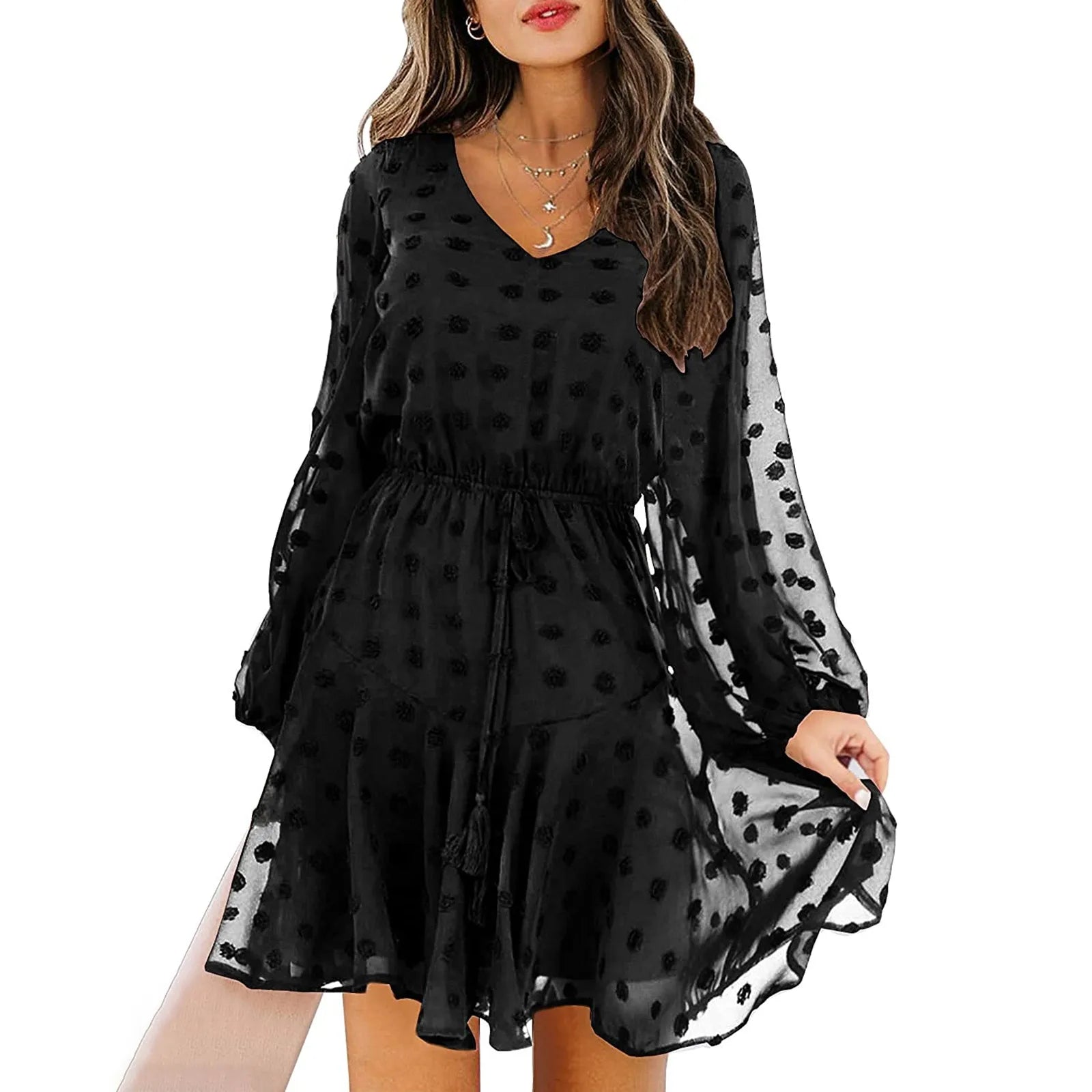 v-neck dressJuliaFashion - 2024 Spring Elegant Chiffon Women Casual Long Sleeve V Neck Dot Lace-Up Woman Fashion Mesh Ruffles Party Dress