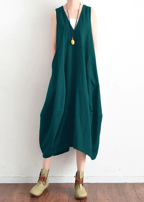 stylish dressFrench Green v neck linen clothes For Women stylish design sleevless loose summer Dress