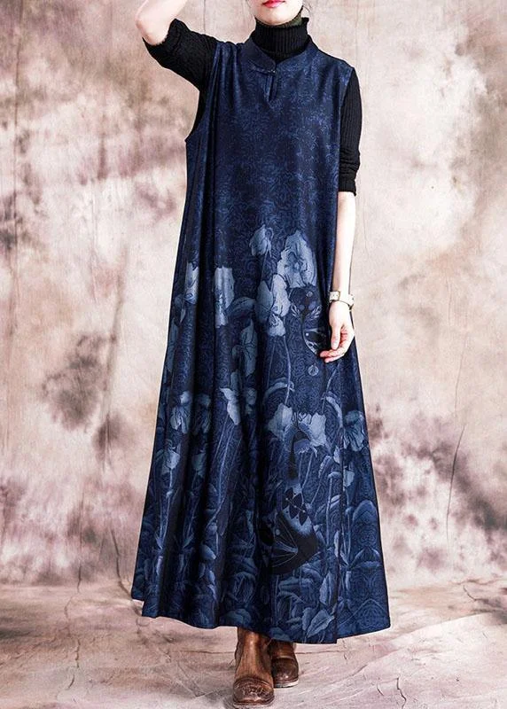 draped dressStyle blue print cotton quilting dresses stand collar Chinese Button sleeveless Maxi fall Dress