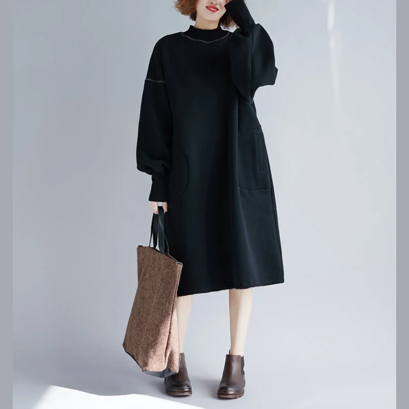 trendy mini dressvintage black Midi cotton dresses oversize warm long sleeve thick cotton clothing dresses o neck holiday dresses