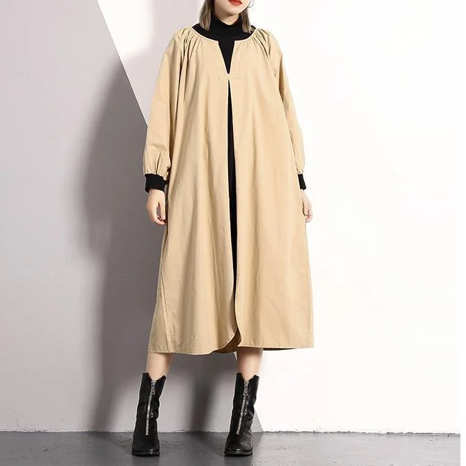 luxury dressvintage khaki long cotton blended dress plus size Turtleneck caftans Elegant front side open false two pieces kaftans