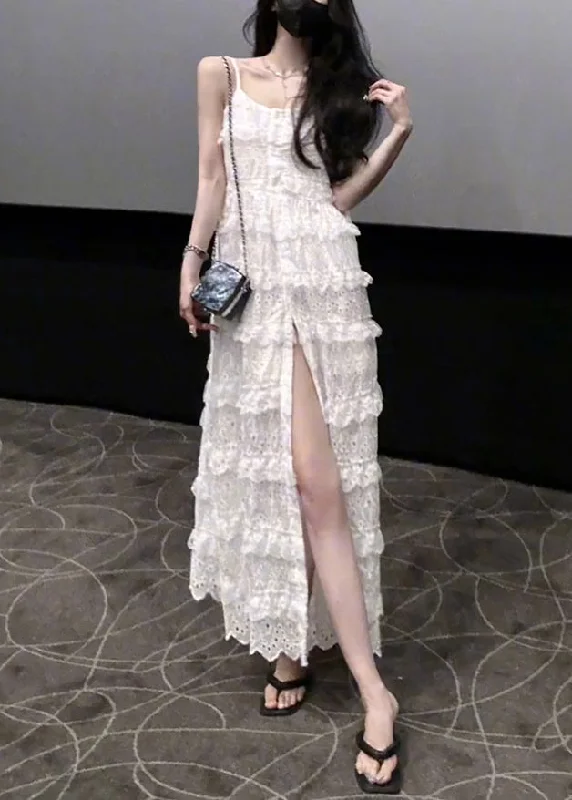 playful dressStylish White Ruffled Side Open Lace Spaghetti Strap Dress Sleeveless