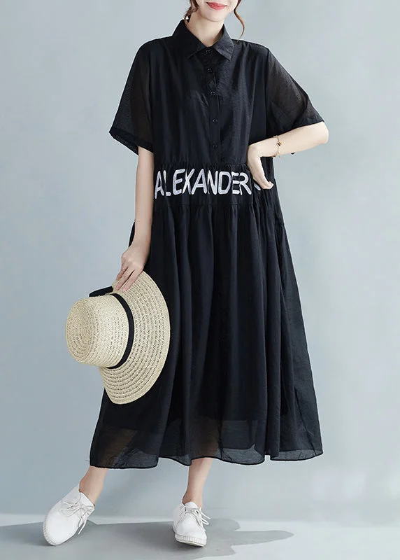 sophisticated dressBlack Button Pockets Silk Dress Peter Pan Collar Short Sleeve