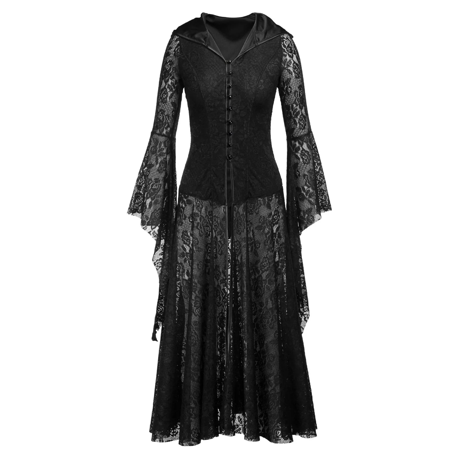 Customer Appreciation Sale JuliaFashion - Gothic Vestidos Vintage Lace Medieval Retro Cosplay Lace Party Long Sleeve Costumes Black Sexy Hooded Dress