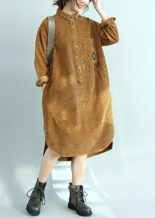 sleek dressSimple yellow corduroy Tunic side open Knee fall Dresses