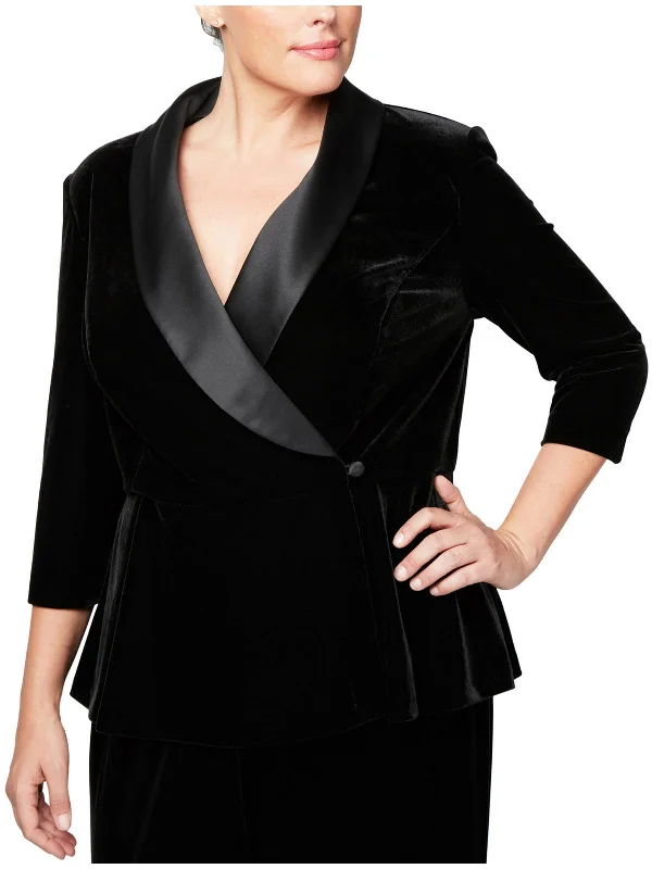 Early Access Plus Womens Satin Lapel Velvet One-Button Blazer