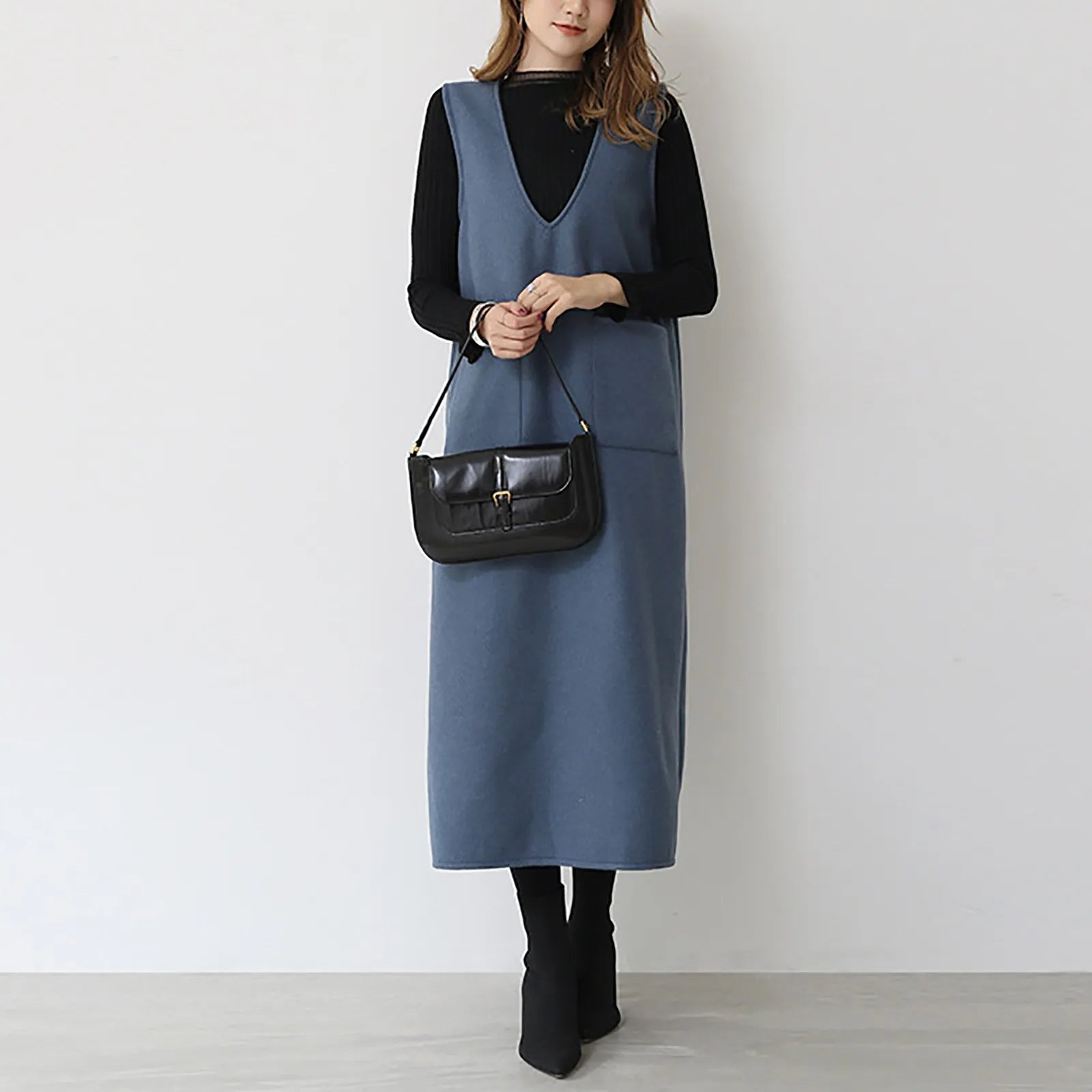 Lowest Prices JuliaFashion - V Neck Sleeveless Knitted Solid Color Long Sweater Autumn Winter Elegant Korean Style Long Vest With Pocket Dress