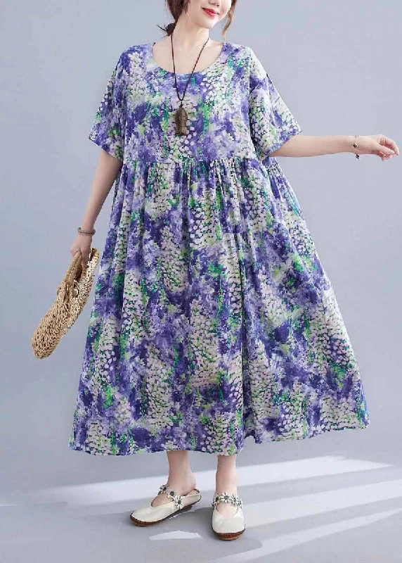 party-ready dressElegant Purple O-Neck Print Patchwork Long Dress Short Sleeve