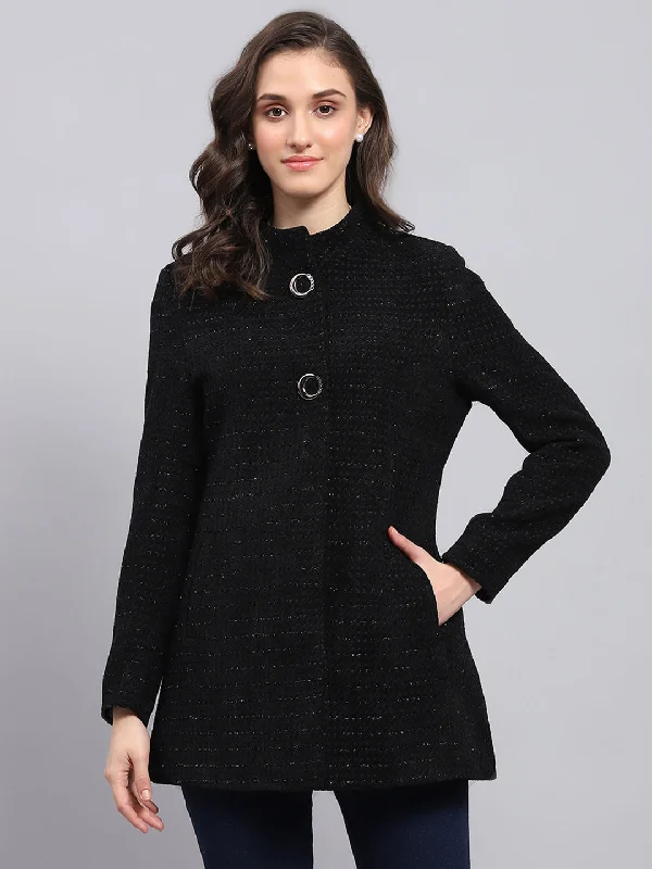 chic padded coatWomen Black Self Design Round Neck Full Sleeve Coat