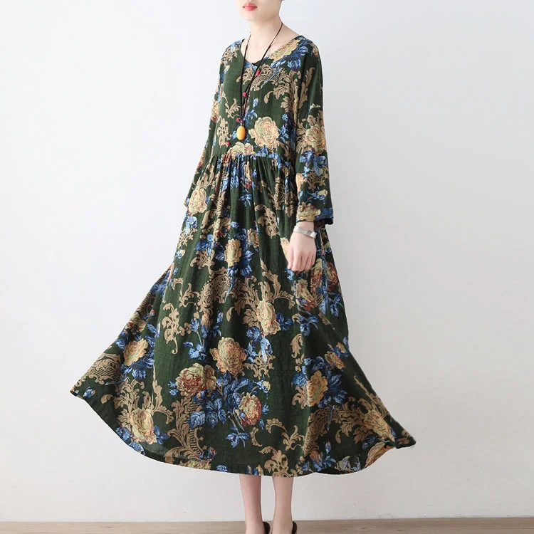 classic fit-and-flare dress2024 fall green floral tunic linen dresses long cotton maxi dress gown