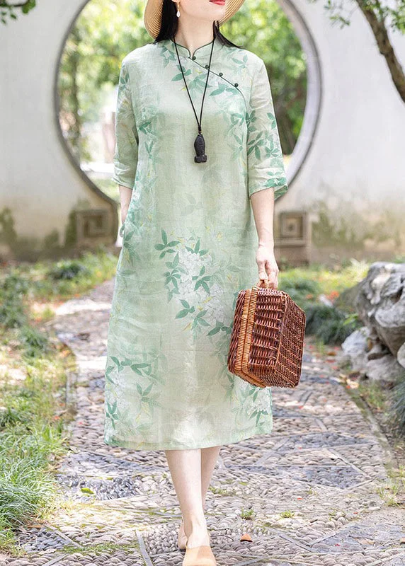 classic fit-and-flare dressRetro Light Green Stand Collar Print Linen Dress Half Sleeve