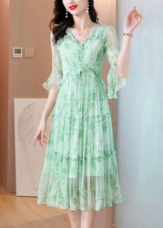 t-shirt dressFrench Green V Neck Ruffled Print Silk Dress Summer