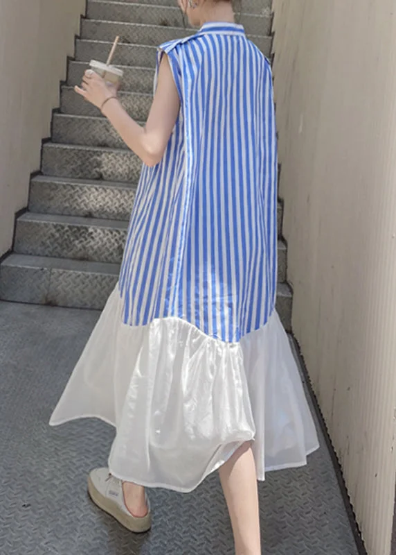 ruched dressWomen Blue Striped Patchwork Button Chiffon Long Dress Summer