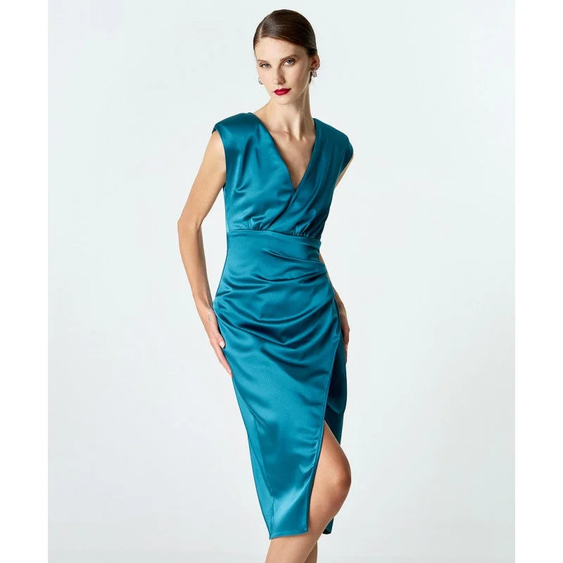 Super Sale Access Fashion Petrol Sleeveless Satin Wrap Dress