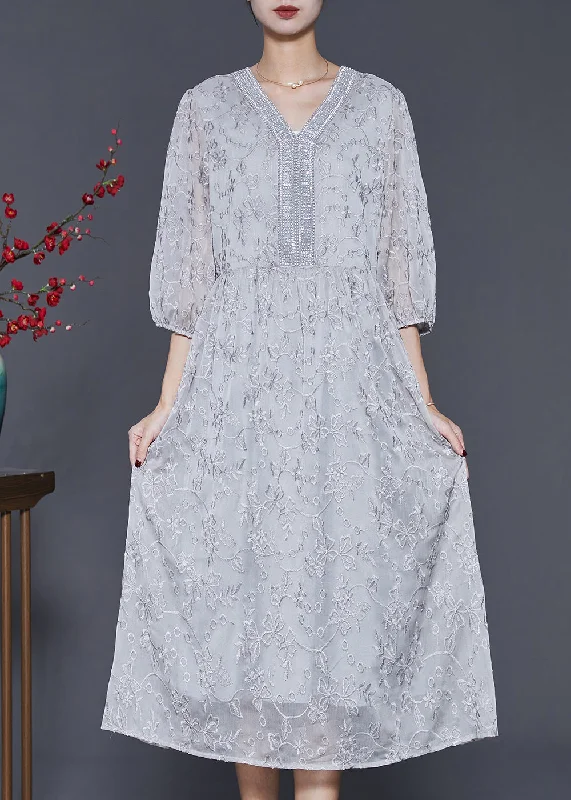 comfy maxi dressOrganic Grey Embroidered Silk Long Dress Summer