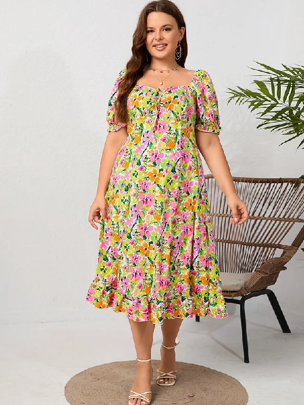 casual day dressPlus Floral Square Neck Puff Sleeve Midi Dress