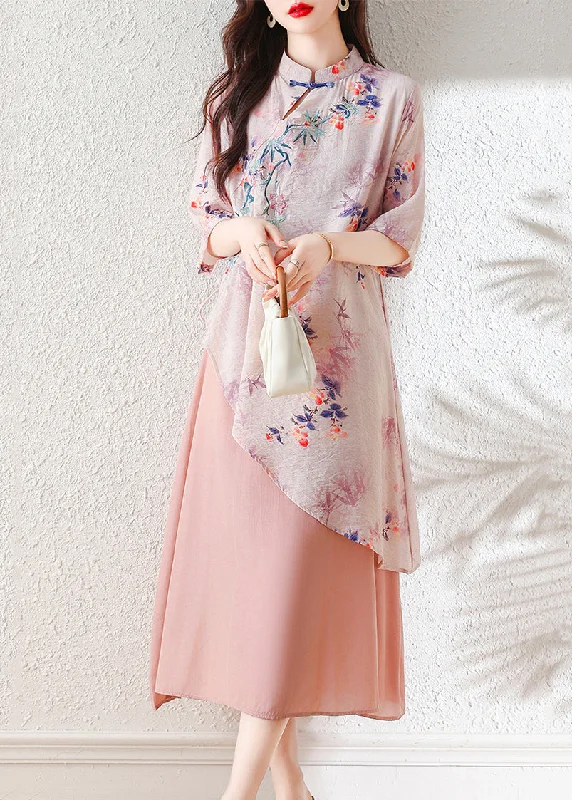 formal dressPink Embroidered Patchwork Linen Dress Asymmetrical Summer