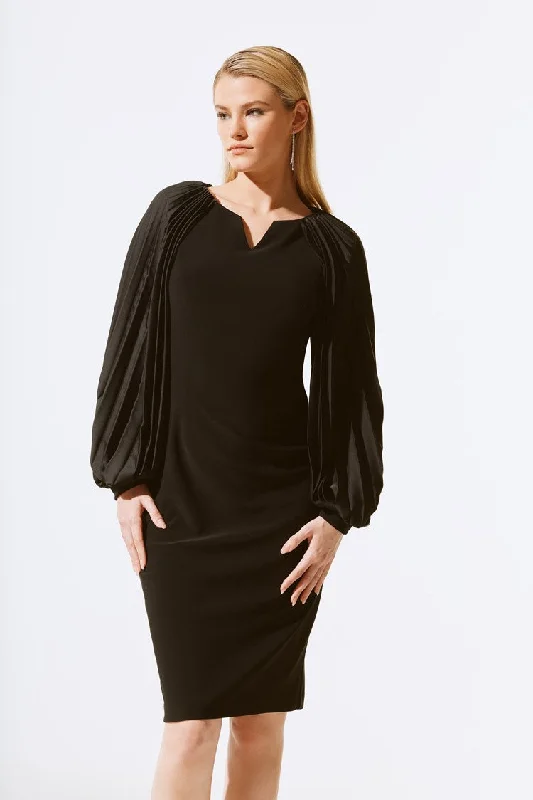 A-line dressJoseph Ribkoff Black Silky Knit Dress With Pleated Satin Sleeves