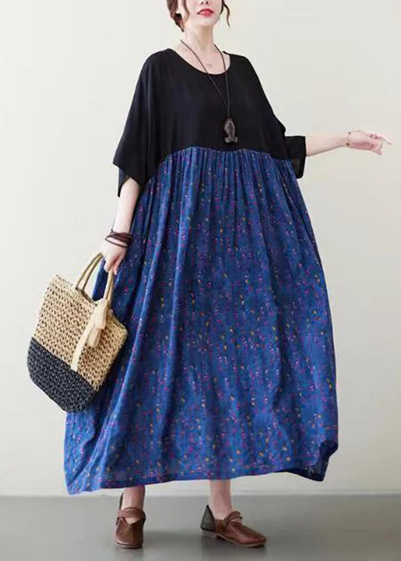 elegant maxi dressLoose Blue O-Neck Print Long Dress Short Sleeve