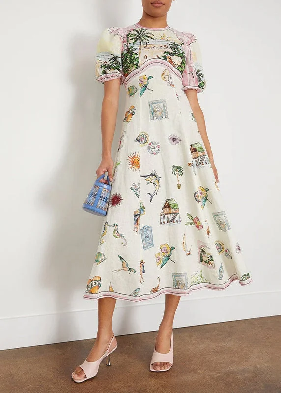 Limited Time Fashion White O-Neck Puff Sleeve Print Maxi Dresses
