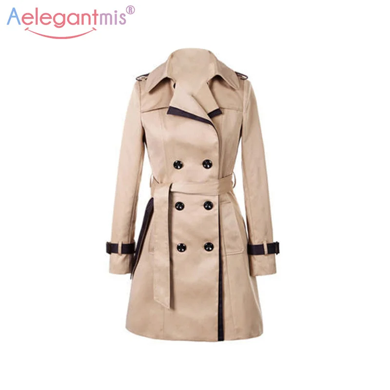 stylish coatAelegantmis 2018 Autumn Women Double Breasted Long Trench Coat Khaki With Belt Classic Casual Office Lady Business Outwear Fall