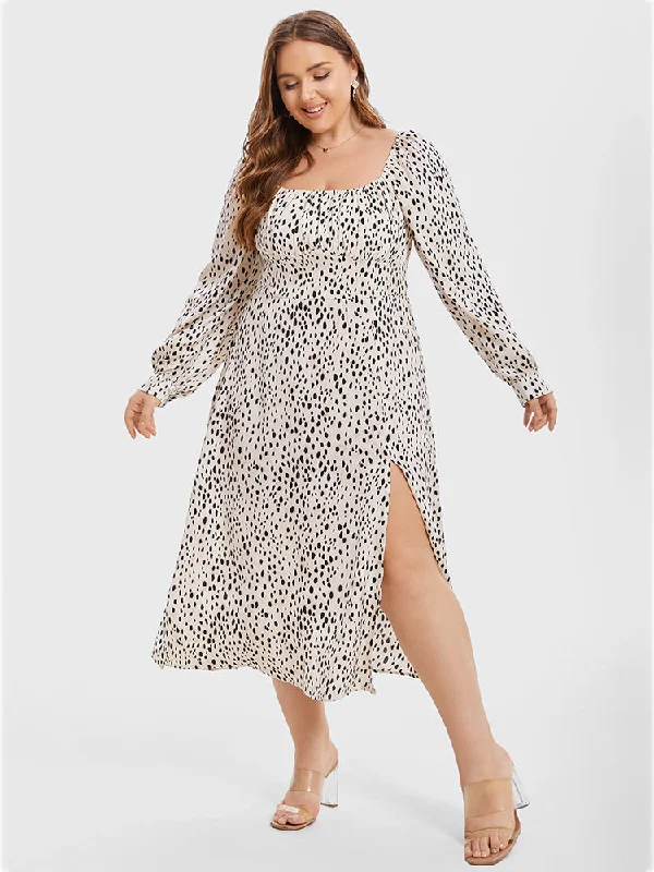 long sleeve dressLeopard Print Square Neck Split Thigh Midi Dress