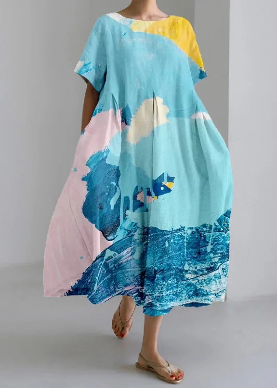 stylish dressNatural Blue O-Neck Print Long Dress Short Sleeve