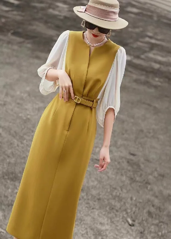 casual shift dressClassy Yellow O Neck Tie Waist Cotton Dress Bracelet Sleeve