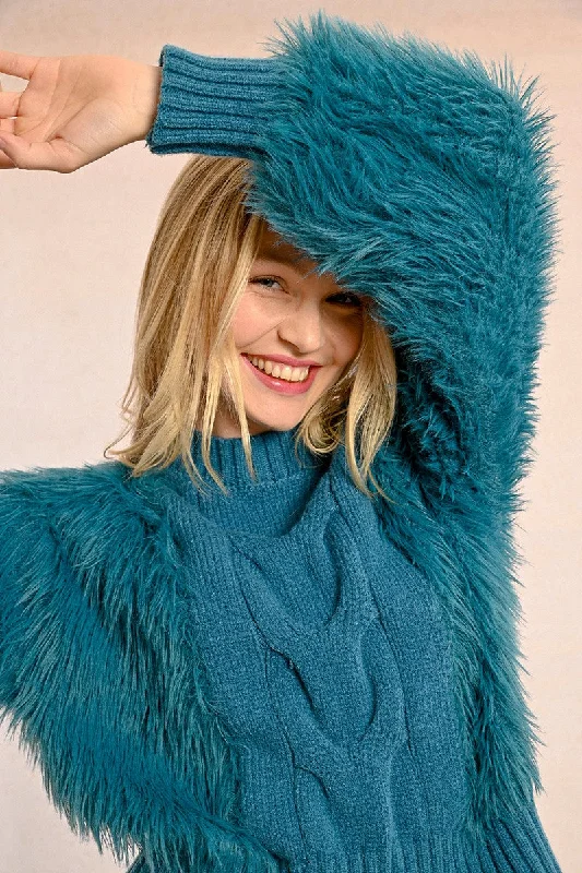 Deep Discounts Molly Bracken Petrol Blue Cable-knit Sweater With Textured Sleeves