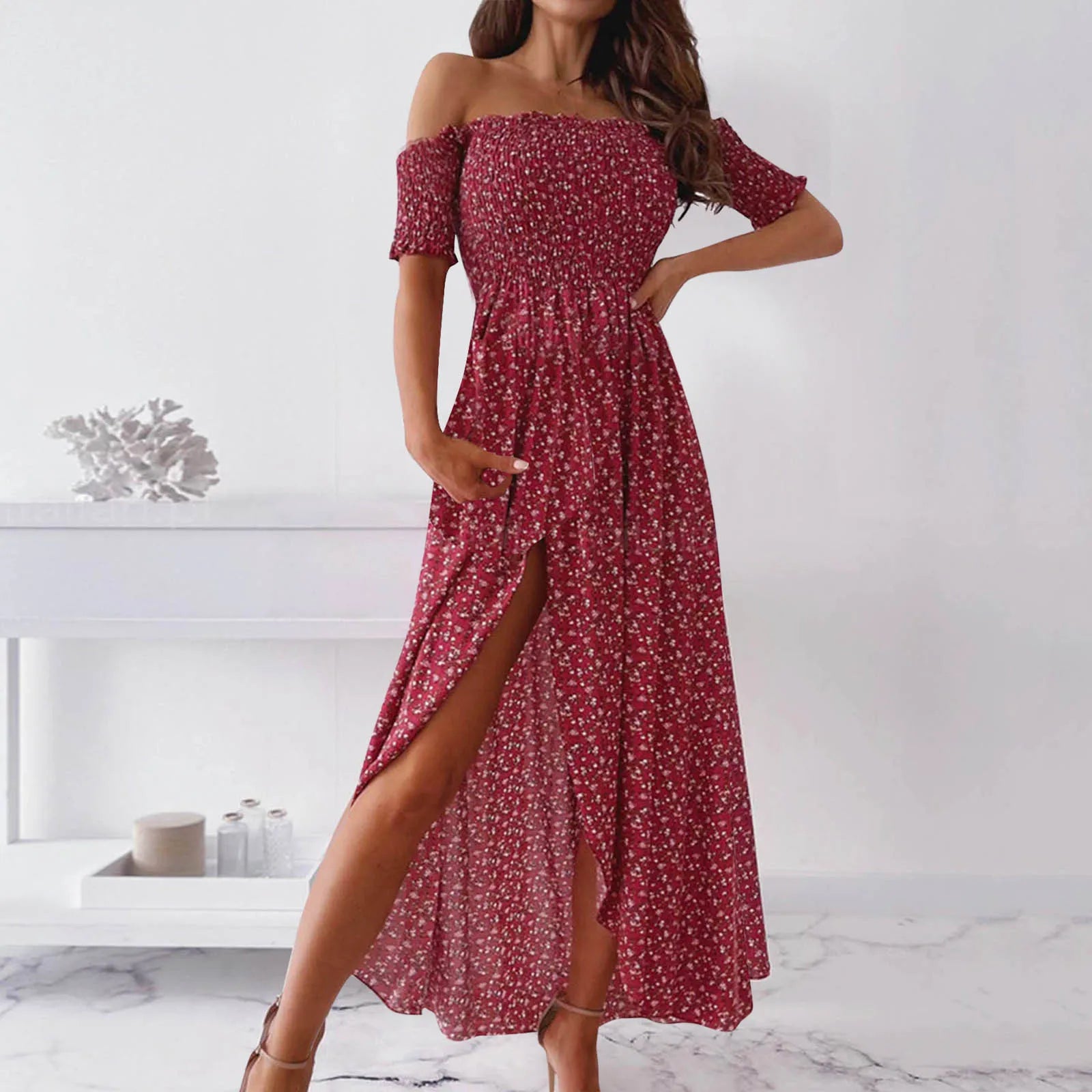 Great Deals JuliaFashion - Off The Shoulder Midi Women Summer Floral 2024 Casual Pleated Elegant Woman High Waist Slit Party Long Dress